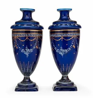 A pair of Russian blue glass vases with liners, circa 1900. 