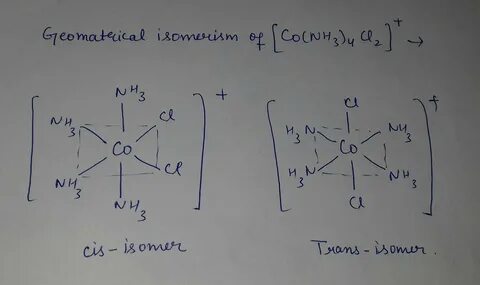 Write down Geometrical isomerism for (Co(NH3)4Cl2)+ - Brainl