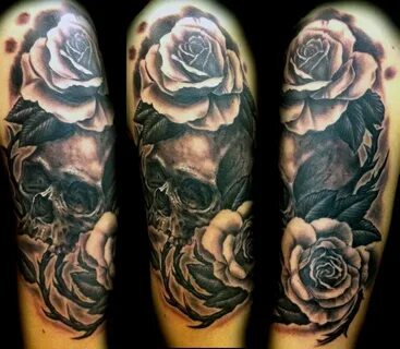 Black And Grey Ink Skull And Rose Tattoo On Sleeve Black ros