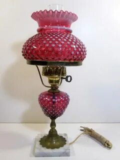 Fenton hobnail, cranberry opalescent hurricane lamp Victoria