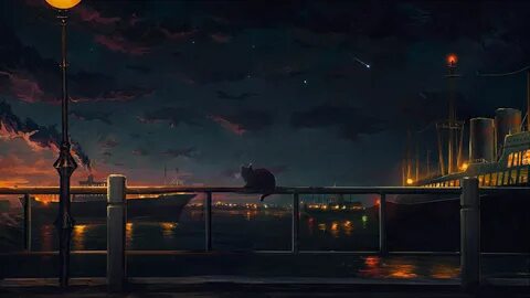 Anime landscape sky city light sky sea ship wallpaper 3500x1
