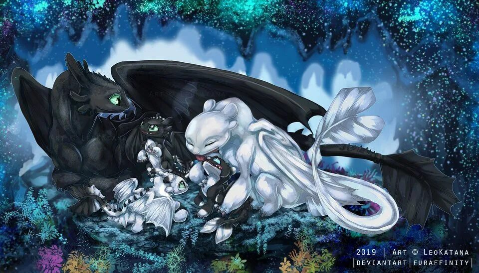 Toothless and Light Fury with their kids ✨ Credit