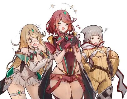 Pyra, Mythra, and Nia after finding an erotic book under Rex
