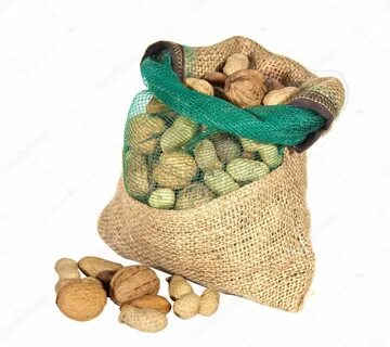 Mixture of nuts in a sack and isolated white background Stoc