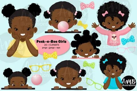 Peek-a-boo girls, dark skin toddler clipart - AMBillustratio