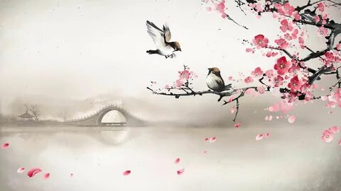 весна арт сакура мост птички река утро туман лепестки сакуры HD обои для но...