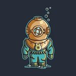 Cute Vintage Deep Sea Diver Underwater Drawing. Available on
