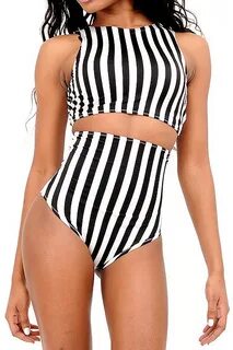 Black&White Stripe Print High Waist Bikini Set - Beautifulha