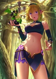 Safebooru - 1girl breasts elf fantasy food fruit grapes hair