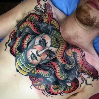 Colorful Medusa Chest Tattoo