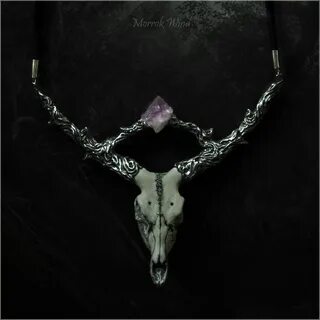 Deer skull necklace antler Fantasy Skull stag crystal amethy