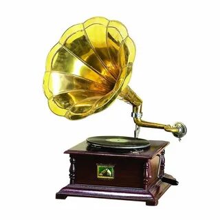 Decorative Metal Horn Gramophone with Wooden Box, Gold and B