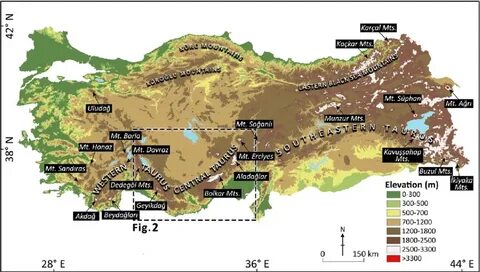 Map of Turkey showing the major glaciated mountains during t