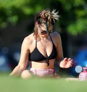 LILY JAMES in Bikini Top Sunbathing at a Park in London 06/2
