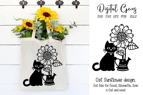 Cat with Sunflower and Watering Can Graphic by Digital Gems 