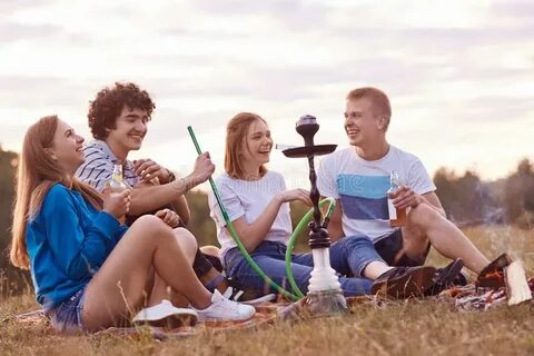Two Couple Have Joy Together while Have Picnic Outdoor, Smok