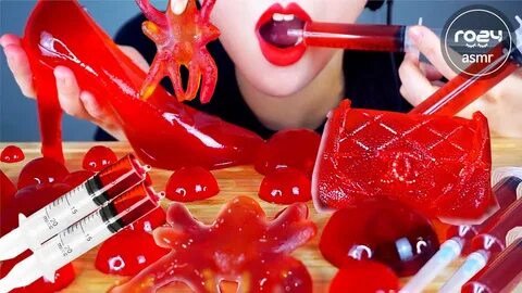 ASMR *RED FOOD*EDIBLE SHOES,JELLO SHOOTER, EDIBLE GUMMY,EDIB