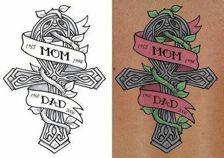 Original memorial Celtic cross with lettering "Mom" and "Dad