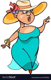 Cartoon fat lady in a long dress and hat walks Vector Image