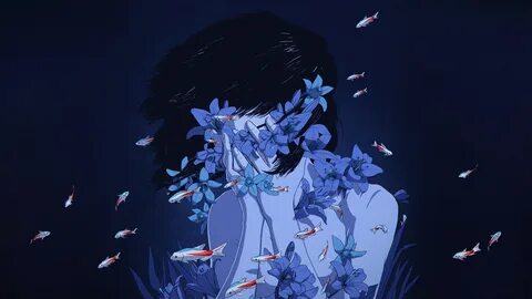 Blue Fish Anime Anime Girls Flowers Dark Hair Perfect Blue W