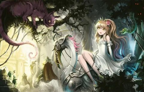 Wallpaper cat, girl, trees, butterfly, snake, anime, art, fr