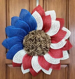 Patriotic American Flag Poly Burlap Sunflower Flower Wreath 