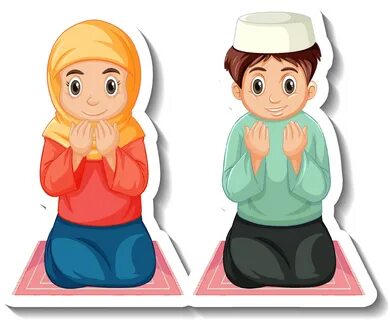 A sticker template with Muslim boy and girl praying 3188131 