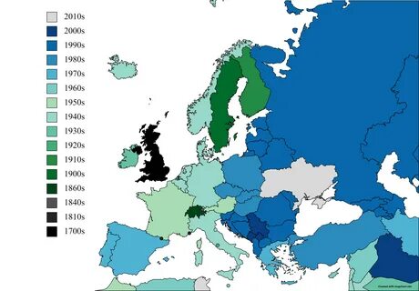 Last decade in which each European country had a regime change. 