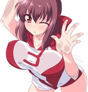 Safebooru - 1girl against wall arm up bangs blush breasts br