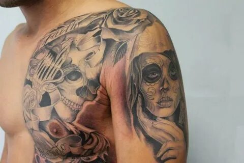 Shoulder Chest Mexican Skull Women Tattoo by Cesar Lopez Tat