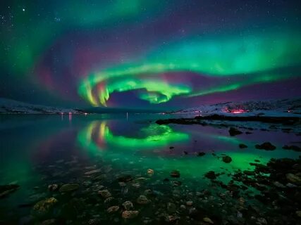Sky stars night rocks aurora borealis Norway Fjord wallpaper
