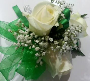 emerald green ribbon, ivory rose corsage Prom flowers bouque