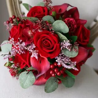 JaneVini Vintage Red Roses Bridal Bouquet Artificial Calla L