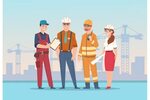 Builders and engineers background. Cartoon factory workers a