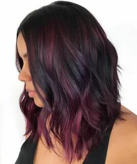 Black Choppy Lob with Burgundy Balayage Wine hair, Burgundy 