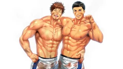 Safebooru - 2boys armpit hair bara black hair body hair brow