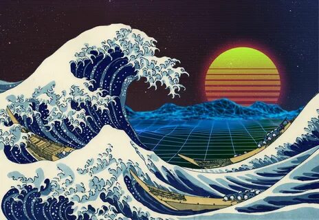 Hd wallpaper: retrowave, retro style, sea, waves, sunset, pu