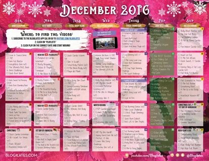 2016.12 December Workout calendar, Blogilates, Workout