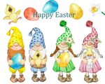 Happy Easter Watercolor Clipart. Easter Gnomes With Bunnies 