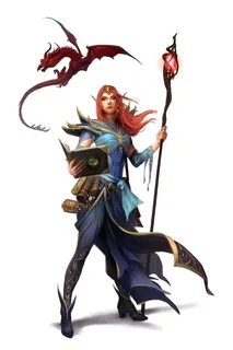 Female Elf Wizard with Staff and Familiar - Pathfinder PFRPG