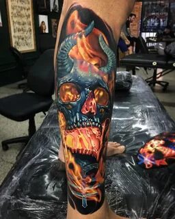 Demon Skull Tattoo, Flaming With Horns