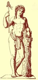 Black and white engraving of a statue of Dionysus Bacchus, f