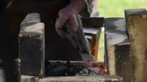 Blacksmith Heating Metal Coals Fire Slow: стоковое видео (бе