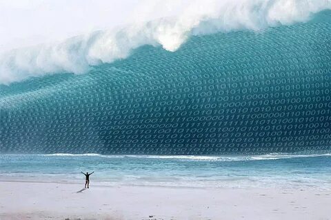 An image that blends the idea of big data and a large wave o
