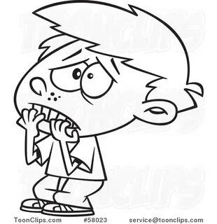 Cartoon Outline of Scared Boy Biting His Finger Nails #58023