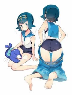 Safebooru - 1girl ass bad feet blue eyes blue hair from behi