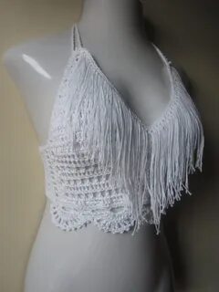 Crochet Fringe cropped halter top WHITE festival bikini Etsy