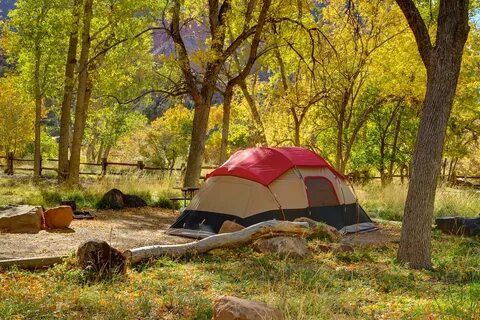 Autumn tent camping in Zion National Park Late morning in . 