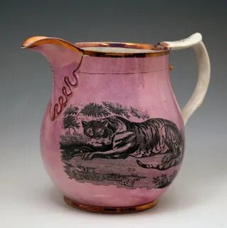 Antique English pottery pink luster pitcher with image of ti