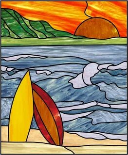 sunset, ocean - surfing Stained glass window panel, Stained 